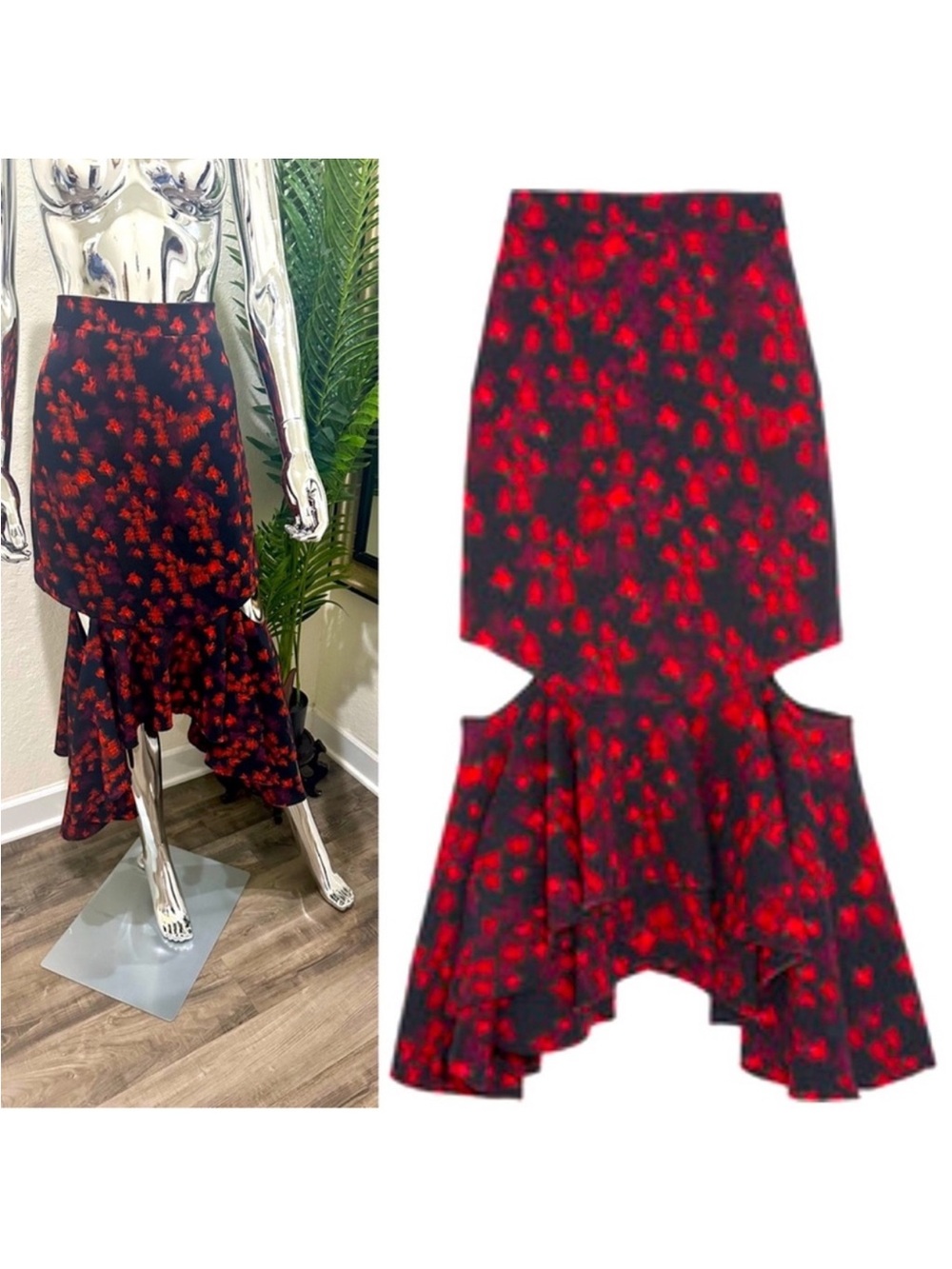 Gucci Red and Black Floral Midi Skirt 40